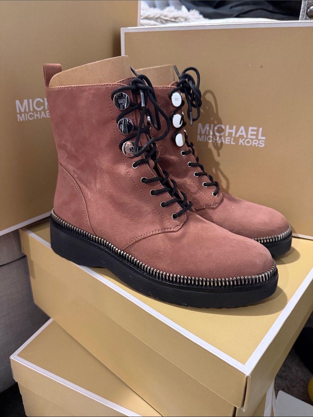 Michael Kors Rose Suede Lace-Up Combat Boots